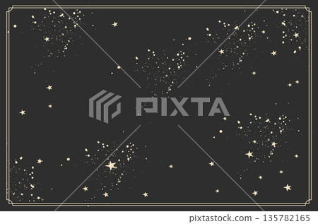 Starry night sky background with scattered stars and decorative rectangular frame on dark background. Vintage textured illustration with space pattern and empty center. Cosmic background and astronomy Starry night sky background with scattered stars and decorative rectangular frame on dark background. Vintage textured illustration with space pattern and empty center. Cosmic background and astronomy 135782165