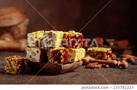 Turkish delight with nuts and dried fruits. Turkish delight with nuts and dried fruits. 135782223