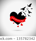 Happy Valentine's Day. Heart with flying birds. Hand drawn. Not AI, vector illustration. 135782342