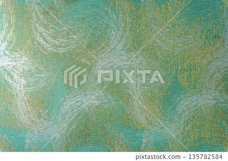 Blue-green textile texture with golden wave pattern Blue-green textile texture with golden wave pattern 135782584