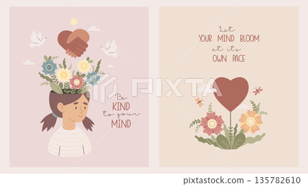 Mental Health Greeting Cards Template with Inspirational Quotes. Girl Harmony. Young Female with Blooming Flowers, Heart Handshake and White Dove Birds. Concept Wellness. Vector Illustration Not AI Mental Health Greeting Cards Template with Inspirational Quotes. Girl Harmony. Young Female with Blooming Flowers, Heart Handshake and White Dove Birds. Concept Wellness. Vector Illustration Not AI 135782610