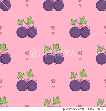 Romantic Kawaii Blackcurrant. Love Seamless Pattern. Cute Berry Couple and Heart on Pink Background. Cartoon Mascot Valentine Characters for Holiday, Valentine Day Design. Vector illustration. Not AI Romantic Kawaii Blackcurrant. Love Seamless Pattern. Cute Berry Couple and Heart on Pink Background. Cartoon Mascot Valentine Characters for Holiday, Valentine Day Design. Vector illustration. Not AI 135782611