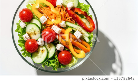 新鮮生蔬菜沙拉，白色背景，玻璃碗，擺盤，櫻桃番茄，甜椒，黃瓜，奶酪，健康 135782642