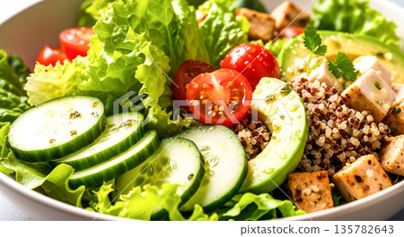 一張能量沙拉的特寫。酪梨、藜麥、小番茄、小黃瓜、生菜、豆腐。一道健康菜餚。 一張能量沙拉的特寫。酪梨、藜麥、小番茄、小黃瓜、生菜、豆腐。一道健康菜餚。 135782643