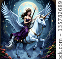 A fairy queen with her wind instrument rides at night on the back of her unicorn. 135782689