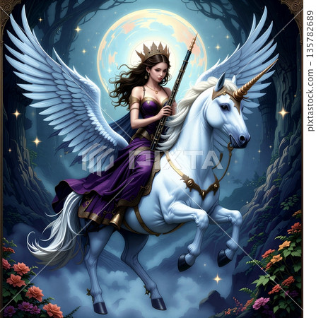 A fairy queen with her wind instrument rides at night on the back of her unicorn. 135782689