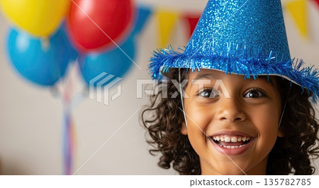 Happy child smiles bright, child wears blue hat, child enjoys party fun 135782785