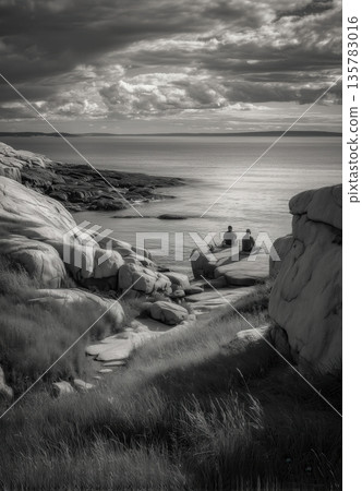 Fisherman rock sea coastline cloud horizon monochrome landscape, two men fishing on granite shore, calm water, quiet mood Fisherman rock sea coastline cloud horizon monochrome landscape, two men fishing on granite shore, calm water, quiet mood 135783016