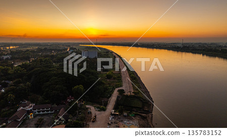 Sunset Over Riverside City and Friendship Bridge Aerial 135783152