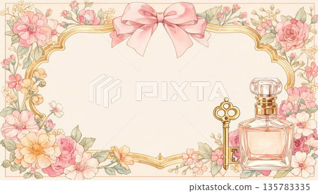復古相框，飾以香水圖案、鮮花和絲帶。 135783335