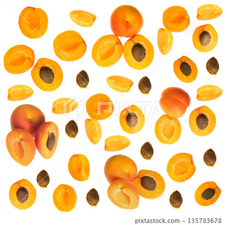 Collage of ripe fruits of Apricot, whole and cut into pieces, on a white background in isolation Collage of ripe fruits of Apricot, whole and cut into pieces, on a white background in isolation 135783678