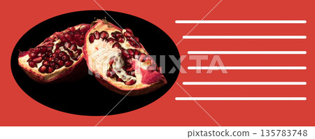 Pomegranate, citrus fruit on a black background, space for text, on a red background 135783748