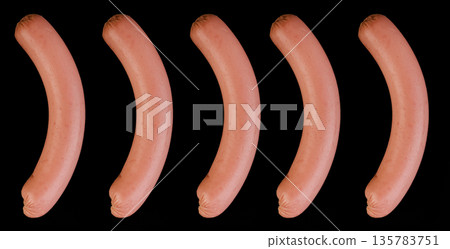 Collage of five boiled sausages, on a black background in isolation 135783751