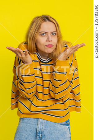 Angry woman asking why what reason of failure irritation disbelief by troubles conflict quarrel 135783860