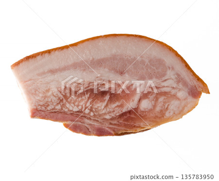 Thick piece of ready-made appetizing, smoked, pork lard with layers of meat on a white background in isolation 135783950