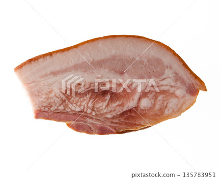 Thick piece of ready-made appetizing, smoked, pork lard with layers of meat on a white background in isolation 135783951