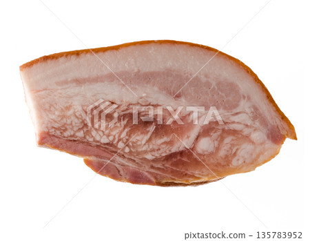 Thick piece of ready-made appetizing, smoked, pork lard with layers of meat on a white background in isolation Thick piece of ready-made appetizing, smoked, pork lard with layers of meat on a white background in isolation 135783952