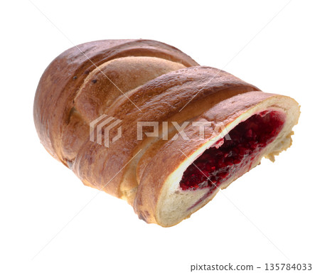 Piece of Rosy Bun with raspberry filling, confection, on white background isolated Piece of Rosy Bun with raspberry filling, confection, on white background isolated 135784033