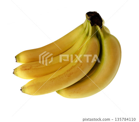 Pictured is a branch of ripe bananas on a white background isolated Pictured is a branch of ripe bananas on a white background isolated 135784110