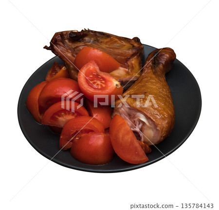 Chicken meat and tomatoes on a black plate, on a white background in isolation Chicken meat and tomatoes on a black plate, on a white background in isolation 135784143
