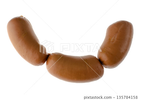 Three boiled sirloin sausages on a white plate isolated Three boiled sirloin sausages on a white plate isolated 135784158