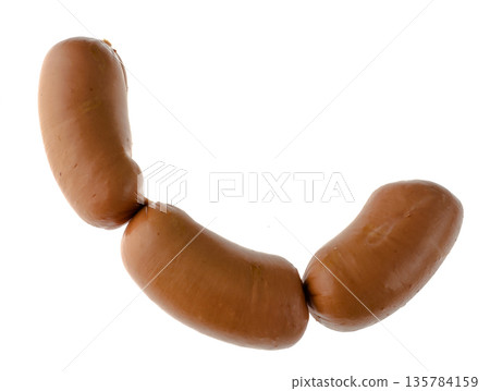 Three boiled sirloin sausages on a white plate isolated Three boiled sirloin sausages on a white plate isolated 135784159