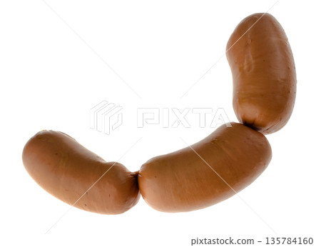Three boiled sirloin sausages on a white plate isolated 135784160