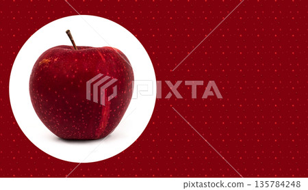A whole ripe red apple, on a white background with a shadow, place under the text on a red background with a pattern A whole ripe red apple, on a white background with a shadow, place under the text on a red background with a pattern 135784248
