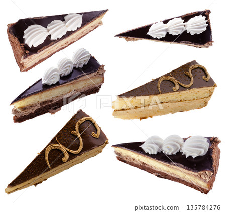 Cut pieces of cake arranged in a chaotic manner on a white background in isolation, collage 135784276