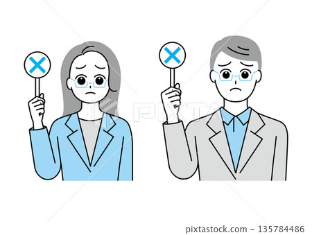 Illustration set of men and women in suits holding rounded tags 135784486