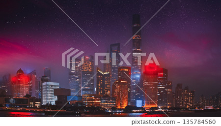 Spectacular Night View of Shanghai's Skyline with Colorful Illuminations Spectacular Night View of Shanghai's Skyline with Colorful Illuminations 135784560