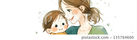 Mother and child smiling showing love and connection. Watercolor illustration depicting a mother embracing her happy child with warmth and care 135784600
