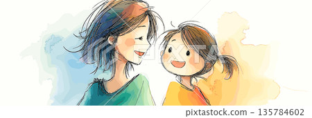 Mother and child smiling showing love and connection. Watercolor illustration depicting a mother embracing her happy child with warmth and care Mother and child smiling showing love and connection. Watercolor illustration depicting a mother embracing her happy child with warmth and care 135784602
