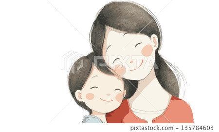 Mother and child smiling showing love and connection. Watercolor illustration depicting a mother embracing her happy child with warmth and care Mother and child smiling showing love and connection. Watercolor illustration depicting a mother embracing her happy child with warmth and care 135784603