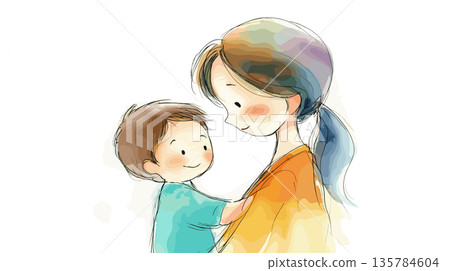 Mother and child smiling showing love and connection. Watercolor illustration depicting a mother embracing her happy child with warmth and care 135784604