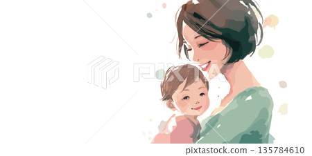 Mother and child smiling showing love and connection. Watercolor illustration depicting a mother embracing her happy child with warmth and care Mother and child smiling showing love and connection. Watercolor illustration depicting a mother embracing her happy child with warmth and care 135784610