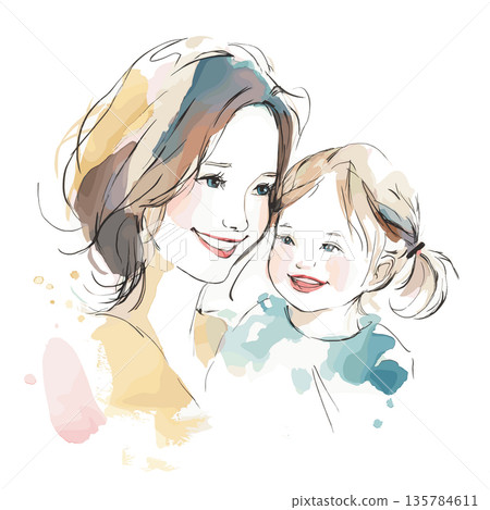 Mother and child smiling showing love and connection. Watercolor illustration depicting a mother embracing her happy child with warmth and care 135784611