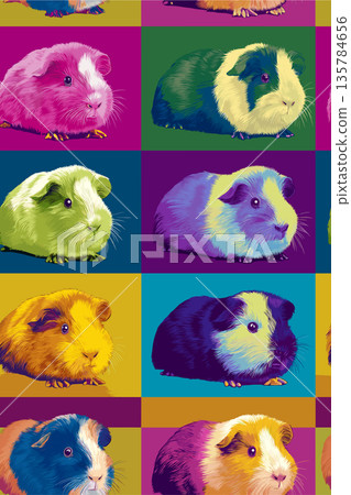 Pop art guinea pig distinct pet portraits grid. Nine cute guinea pigs in a colorful pop art distinct grid pattern 135784656