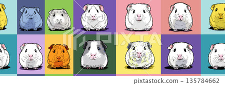Pop art guinea pig distinct pet portraits grid. Nine cute guinea pigs in a colorful pop art distinct grid pattern 135784662