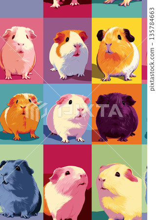 Pop art guinea pig distinct pet portraits grid. Nine cute guinea pigs in a colorful pop art distinct grid pattern 135784663
