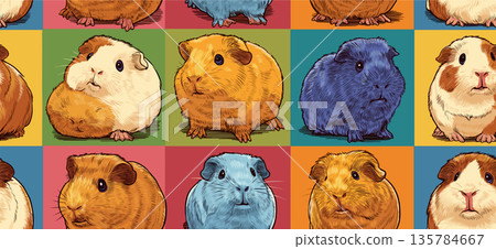 Pop art guinea pig distinct pet portraits grid. Nine cute guinea pigs in a colorful pop art distinct grid pattern 135784667