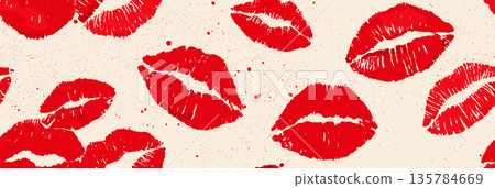 Red lipstick kiss marks seamless pattern on textured paper. Red lipstick kiss marks covering a cream textured paper surface, creating a playful pattern Red lipstick kiss marks seamless pattern on textured paper. Red lipstick kiss marks covering a cream textured paper surface, creating a playful pattern 135784669