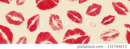 Red lipstick kiss marks seamless pattern on textured paper. Red lipstick kiss marks covering a cream textured paper surface, creating a playful pattern Red lipstick kiss marks seamless pattern on textured paper. Red lipstick kiss marks covering a cream textured paper surface, creating a playful pattern 135784672