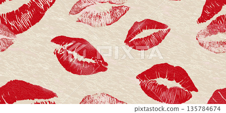Red lipstick kiss marks seamless pattern on textured paper. Red lipstick kiss marks covering a cream textured paper surface, creating a playful pattern 135784674