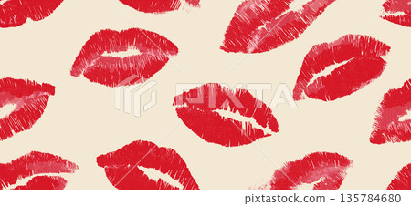 Red lipstick kiss marks seamless pattern on textured paper. Red lipstick kiss marks covering a cream textured paper surface, creating a playful pattern Red lipstick kiss marks seamless pattern on textured paper. Red lipstick kiss marks covering a cream textured paper surface, creating a playful pattern 135784680