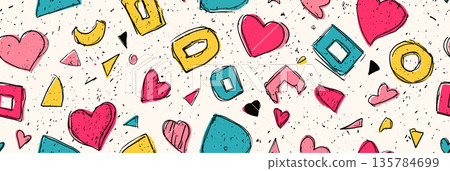 Seamless heart pattern representing love and romance. Hearts in a cute retro doodle style creating a vibrant seamless pattern Seamless heart pattern representing love and romance. Hearts in a cute retro doodle style creating a vibrant seamless pattern 135784699