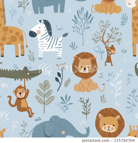 Cute cartoon jungle animals seamless pattern. Safari animals pattern with giraffes, elephants, and lions on a light blue background 135784704