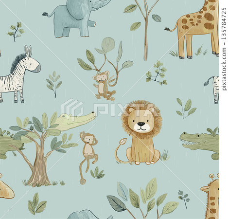 Cute cartoon jungle animals seamless pattern. Safari animals pattern with giraffes, elephants, and lions on a light blue background Cute cartoon jungle animals seamless pattern. Safari animals pattern with giraffes, elephants, and lions on a light blue background 135784725