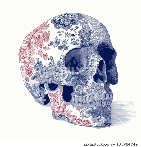 Ornate skull illustration with intricate blue and red floral patterns. Decorative human skull showing detailed blue and red scrollwork patterns on an off-white background Ornate skull illustration with intricate blue and red floral patterns. Decorative human skull showing detailed blue and red scrollwork patterns on an off-white background 135784749