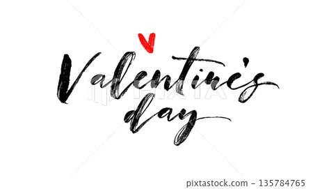 Valentine's Day handwritten lettering with small red heart. Valentine's Day handwritten typography with a red heart on a pure white background 135784765